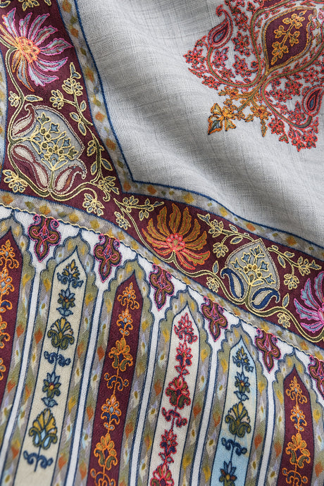 Premium Kalamkari Border #67 Pearl Grey Shawl — 02-material-macro