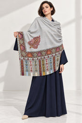 Premium Kalamkari Border #67 Pearl Grey Shawl — 03-full-length-portrait