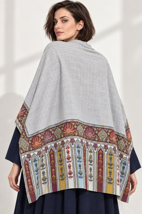 Premium Kalamkari Border #67 Pearl Grey Shawl — 04-back-drape