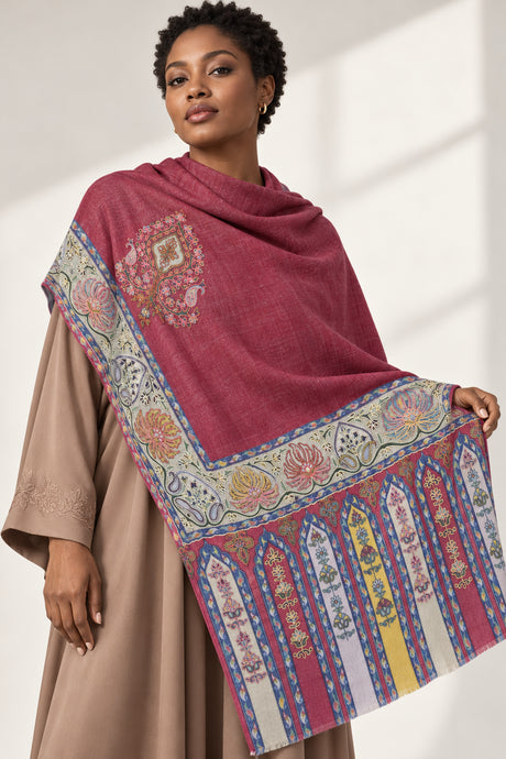Premium Kalamkari Border #67 Burgundy Shawl — 01-model-closeup