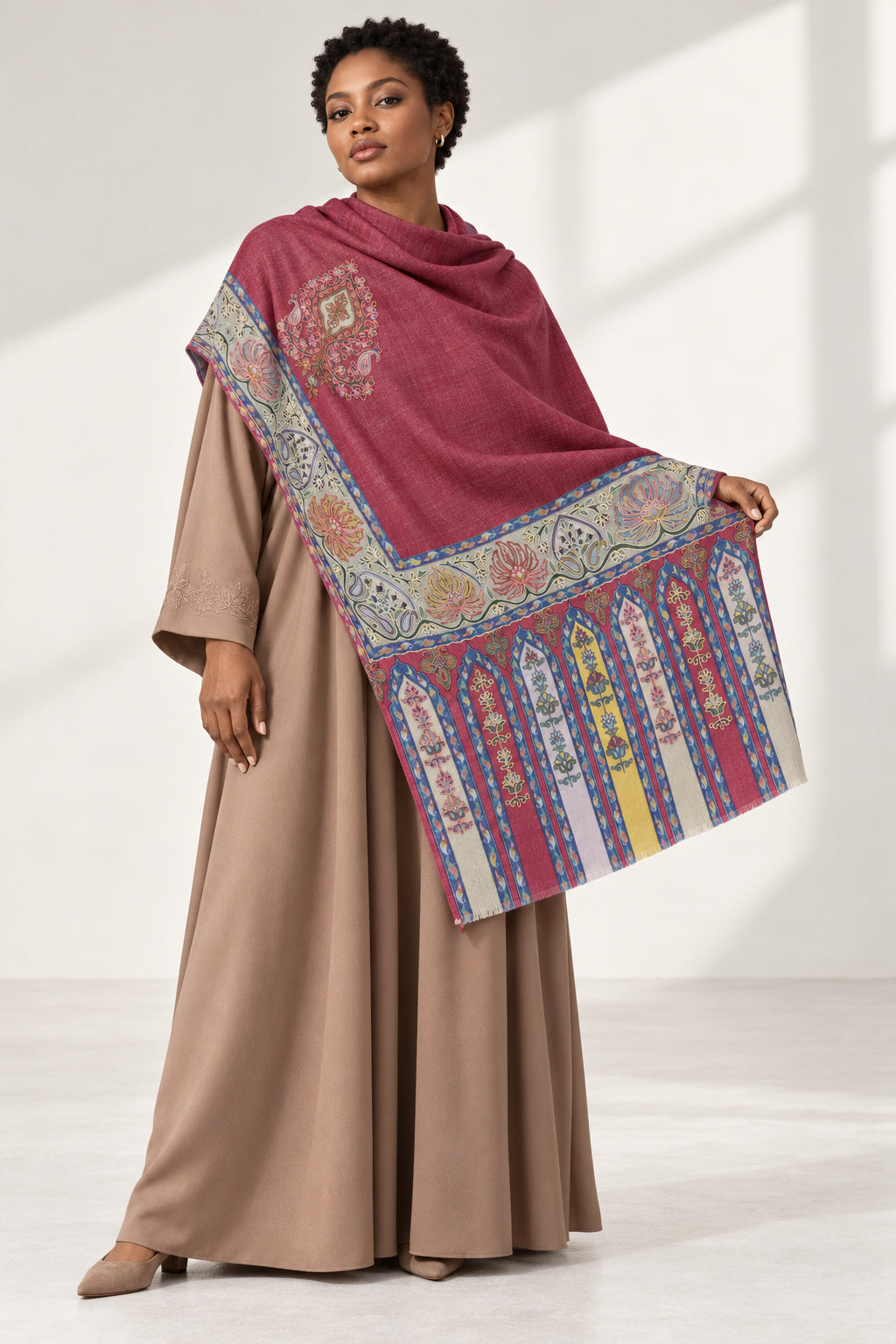 Premium Kalamkari Border #67 Burgundy Shawl — 03-full-length-portrait