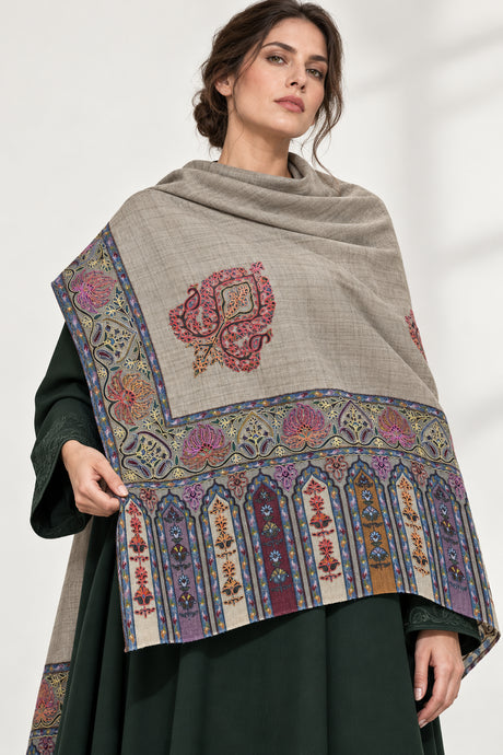 Premium Kalamkari Border #67 Taupe Shawl — 01-model-closeup