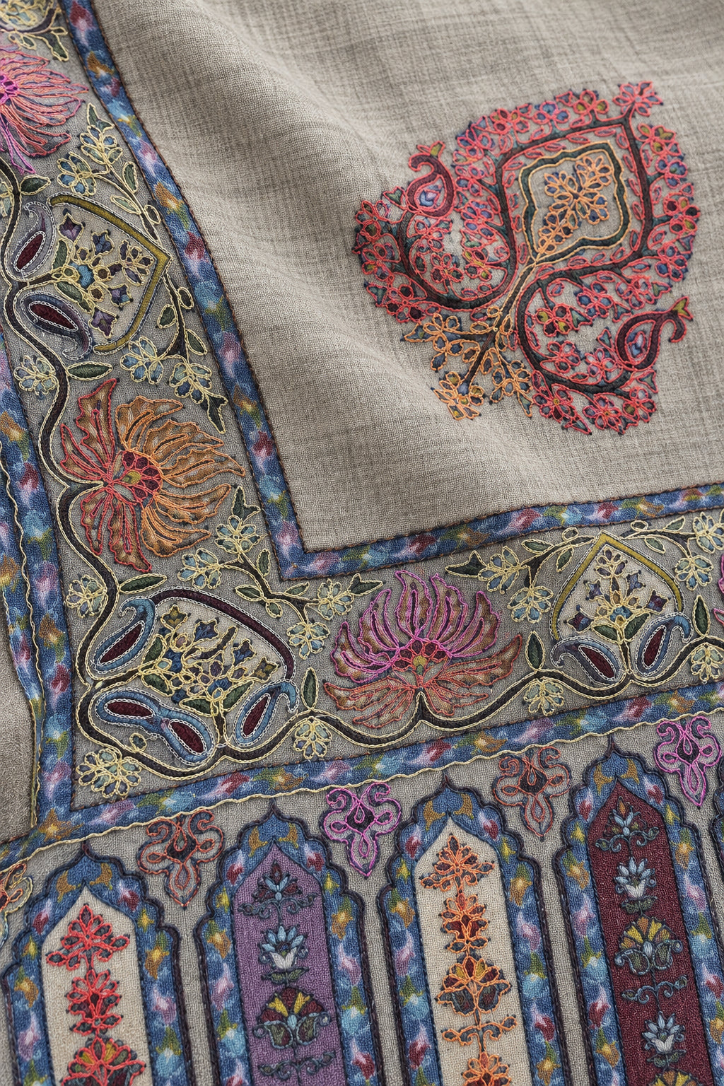 Premium Kalamkari Border #67 Taupe Shawl — 02-material-macro
