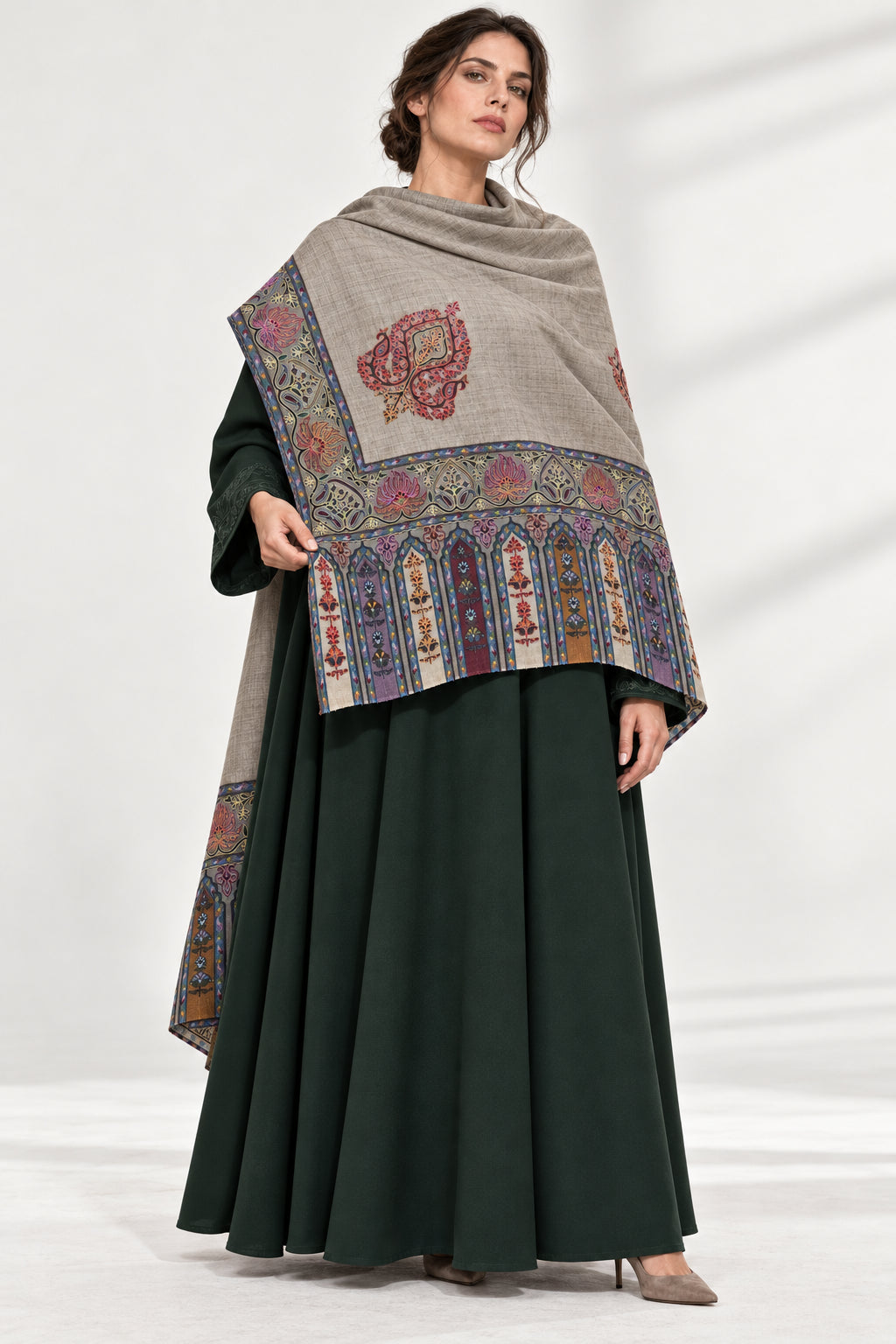 Premium Kalamkari Border #67 Taupe Shawl — 03-full-length-portrait
