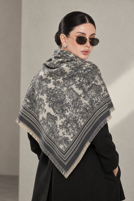 GREY cashmere animal print square shawl folded into a triangle — triangle-back