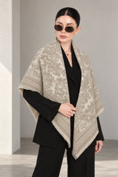 LIGHT BEIGE cashmere animal print square shawl folded into a triangle — standing