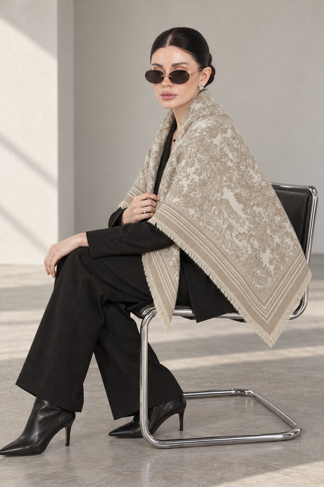 LIGHT BEIGE cashmere animal print square shawl folded into a triangle — seated