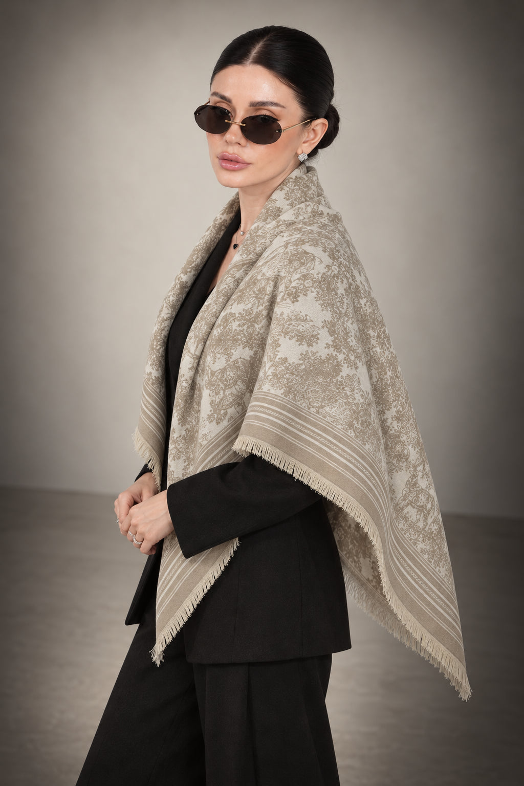 LIGHT BEIGE cashmere animal print square shawl folded into a triangle — vignette