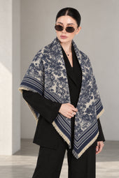 NAVY BLUE cashmere animal print square shawl folded into a triangle — standing