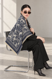 NAVY BLUE cashmere animal print square shawl folded into a triangle — seated