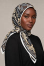 Silk Black Baroque Murabba Scarf, 90×90 cm square hijab in Kuwait — closeup portrait