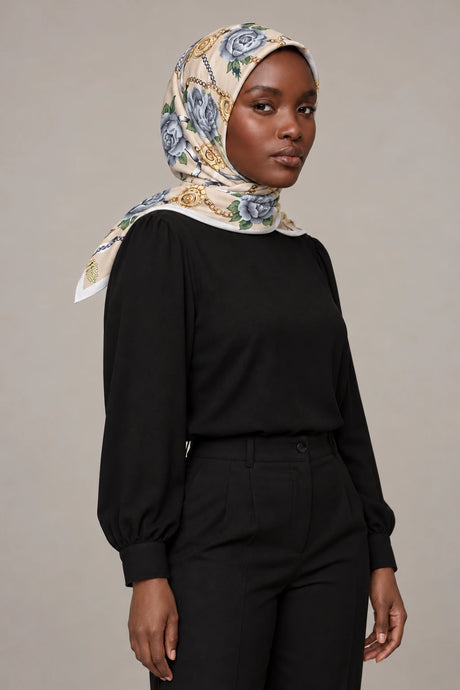 Silk Blue Rose Murabba Scarf, 90×90 cm square hijab in Kuwait — portrait portrait