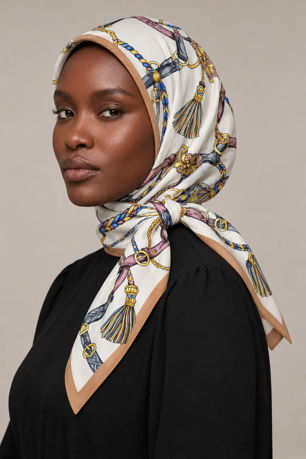 Silk Chain Tassel Murabba Scarf in Kuwait, ivory printed hijab worn with a side knot