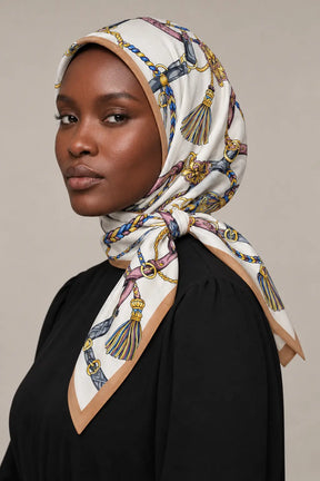 Silk Chain Tassel Murabba Scarf in Kuwait, ivory printed hijab worn with a side knot