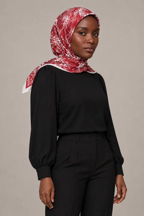Silk Crimson Floral Murabba Scarf, 90×90 cm square hijab in Kuwait — portrait portrait