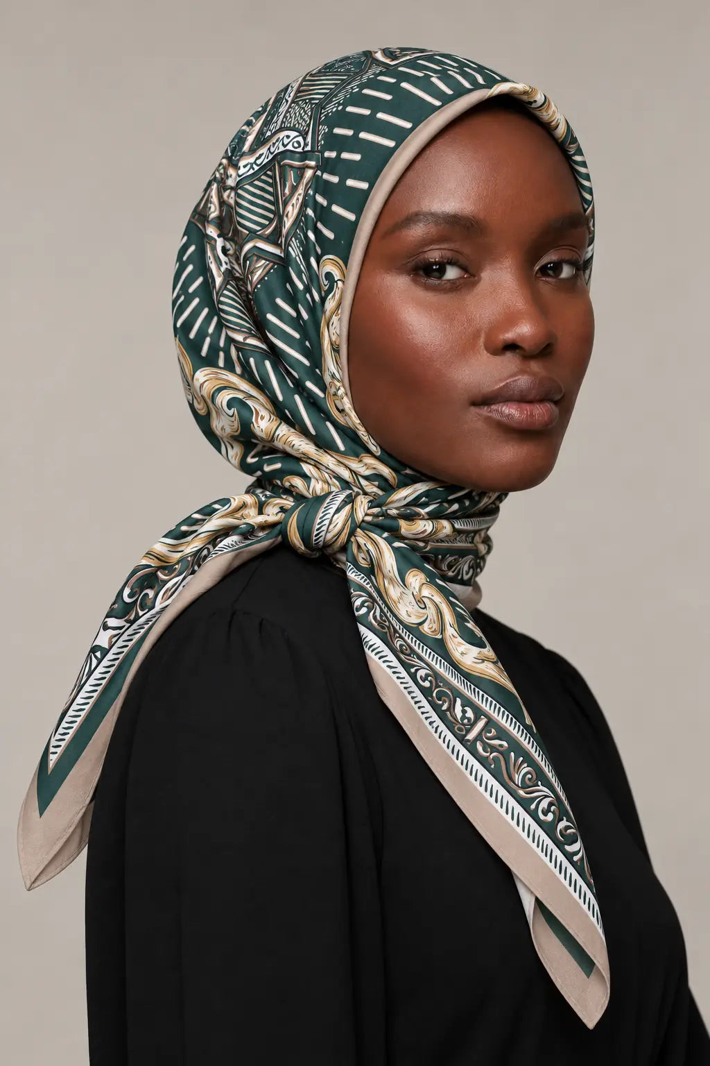 Silk Forest Baroque Murabba Scarf, 90×90 cm square hijab in Kuwait — closeup portrait