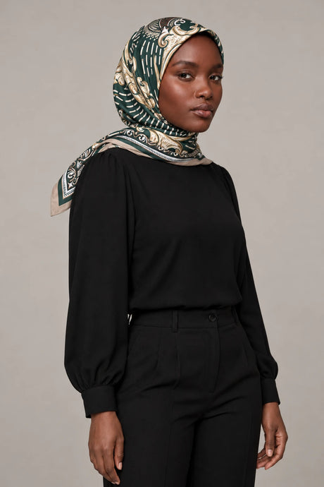 Silk Forest Baroque Murabba Scarf, 90×90 cm square hijab in Kuwait — portrait portrait