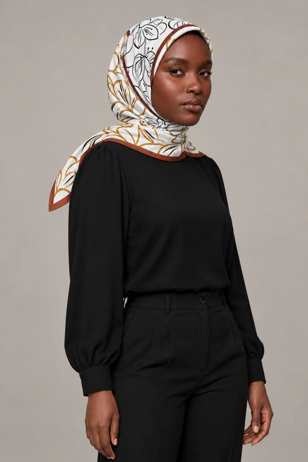 Silk Golden Lily Murabba Scarf, 90×90 cm square hijab in Kuwait — portrait portrait
