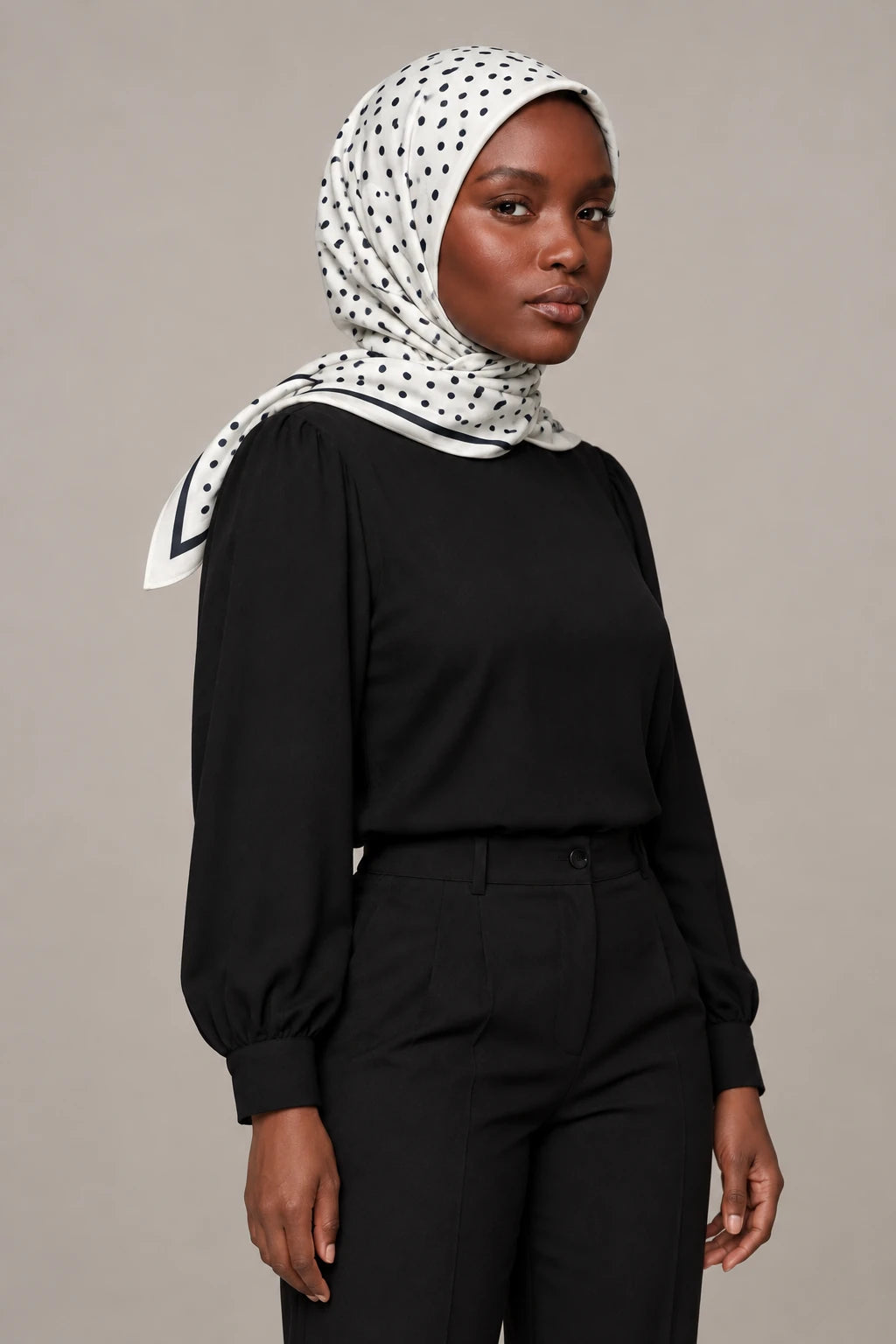 Silk Ivory Dot Murabba Scarf, 90×90 cm square hijab in Kuwait — portrait portrait