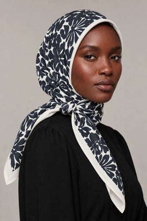 Silk Midnight Botanical Murabba Scarf, 90×90 cm square hijab in Kuwait — closeup portrait