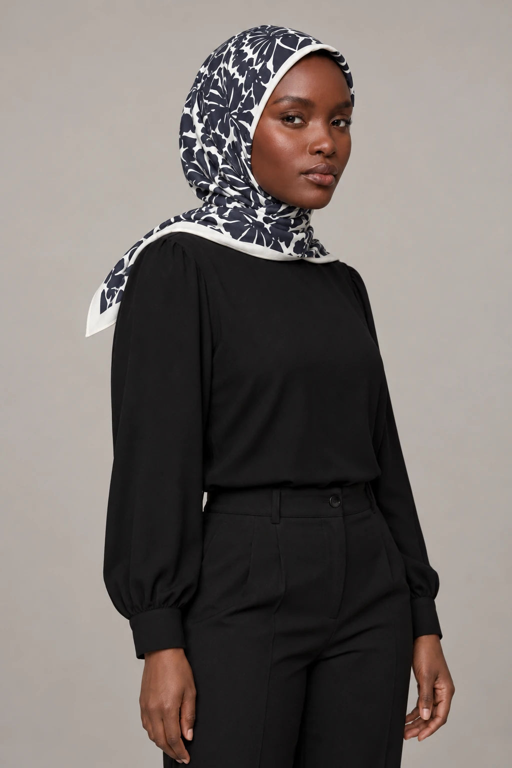 Silk Midnight Botanical Murabba Scarf, 90×90 cm square hijab in Kuwait — portrait portrait