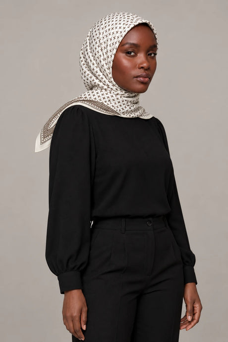 Silk Mocha Cross Murabba Scarf, 90×90 cm square hijab in Kuwait — portrait portrait