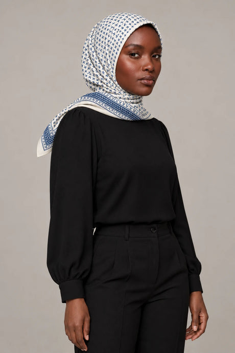 Silk Navy Cross Murabba Scarf, 90×90 cm square hijab in Kuwait — portrait portrait