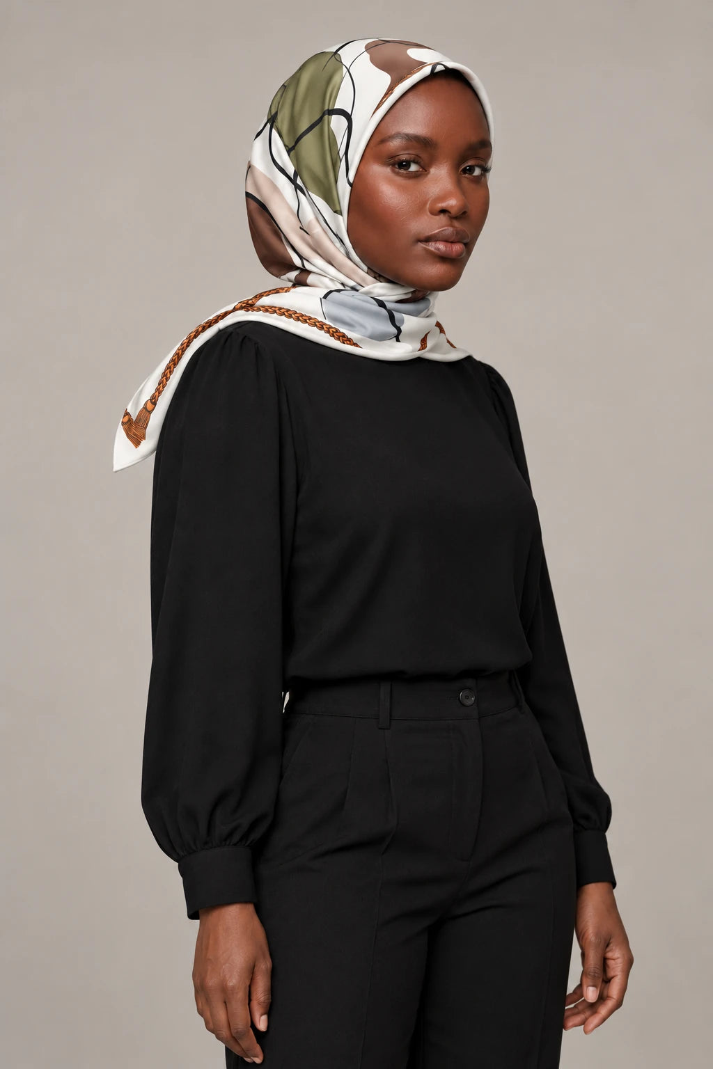 Silk Olive Abstract Murabba Scarf, 90×90 cm square hijab in Kuwait — portrait portrait