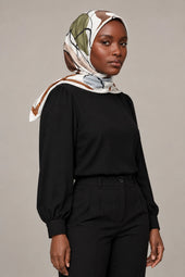 Silk Olive Abstract Murabba Scarf, 90×90 cm square hijab in Kuwait — portrait portrait