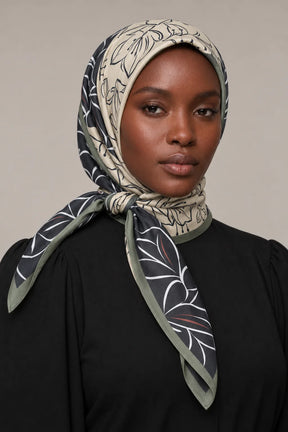 Silk Olive Lily Murabba Scarf, 90×90 cm square hijab in Kuwait — closeup portrait