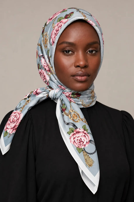 Silk Powder Rose Murabba Scarf, 90×90 cm square hijab in Kuwait — closeup portrait