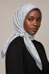 Silk Silver Botanical Murabba Scarf, 90×90 cm square hijab in Kuwait — closeup portrait