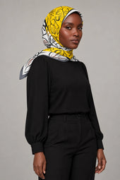 Silk Sunshine Lily Murabba Scarf, 90×90 cm square hijab in Kuwait — portrait portrait