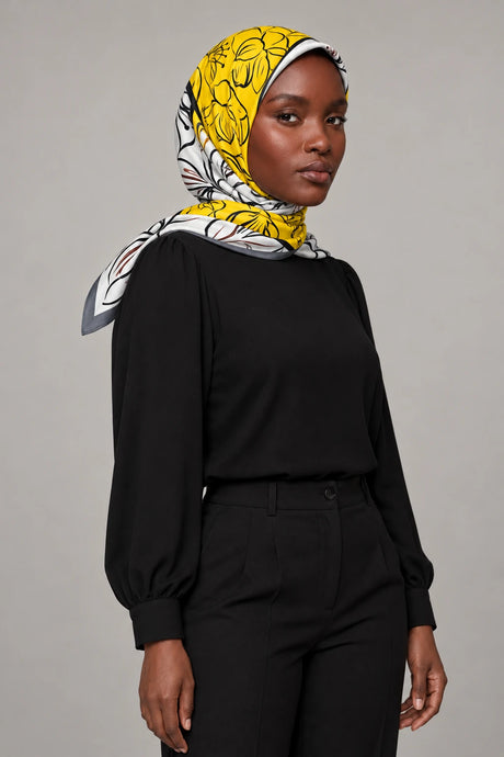 Silk Sunshine Lily Murabba Scarf, 90×90 cm square hijab in Kuwait — portrait portrait