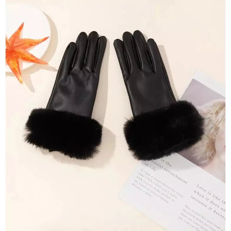 Solid Fuzzy Leather trim gloves for winter 3 designs