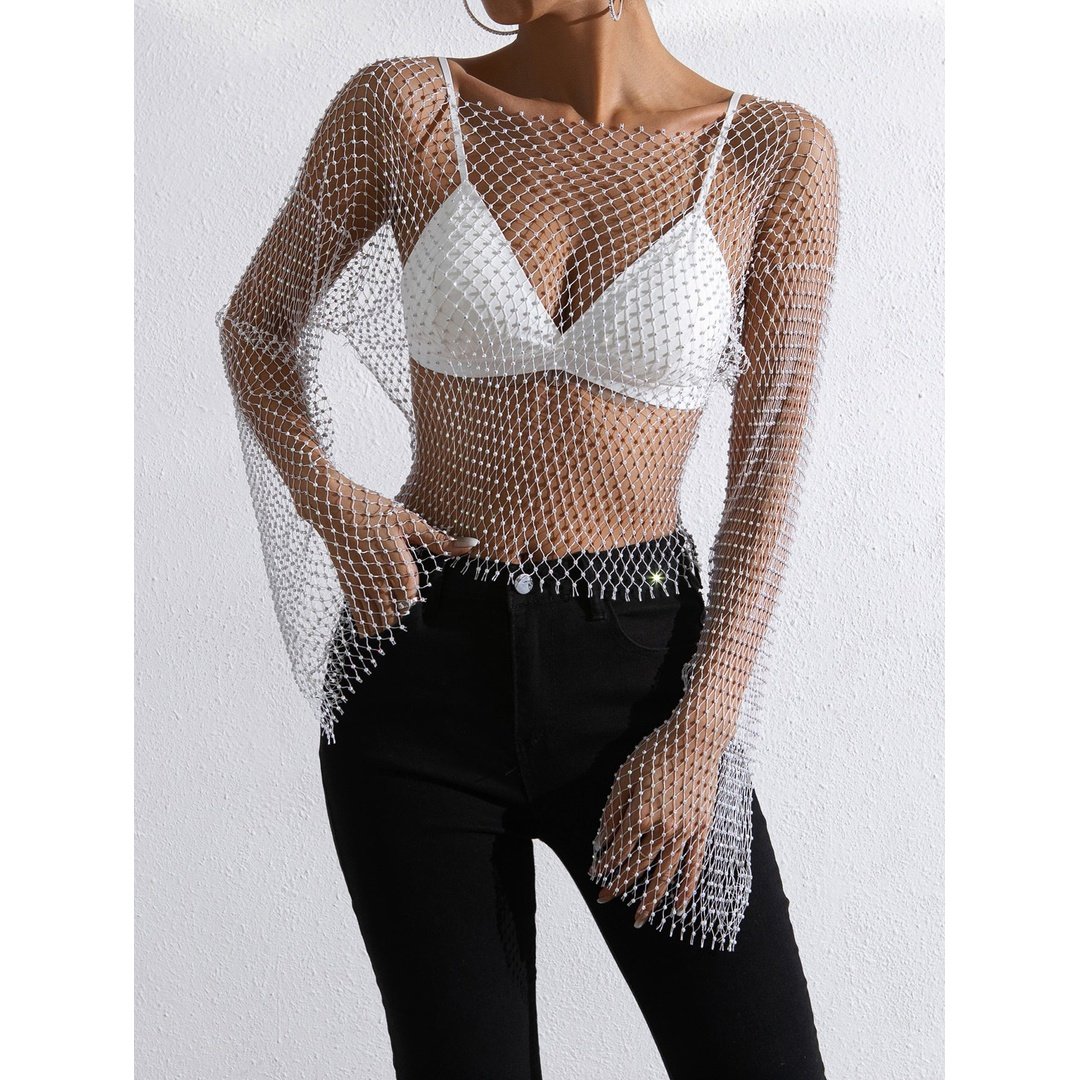 Sheer fish net crystal metallic top White