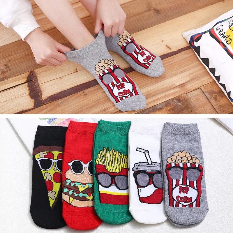 5 Pairs Funny Cartoon Burger Fries Cotton Ankle Socks Pack