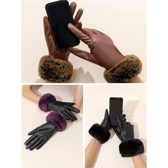 Solid Fuzzy Leather trim gloves for winter 3 designs