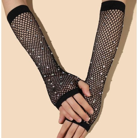 Crystal design fishnet long Sleeves gloves for women