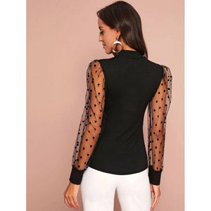 Flocked Polka Dot Sheer Mesh Sleeve Top